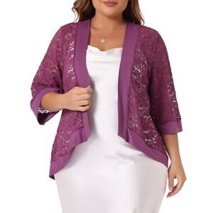 Plus Size Shrug Bolero Summer Lace Panel Sheer Loose Cardigans Purple